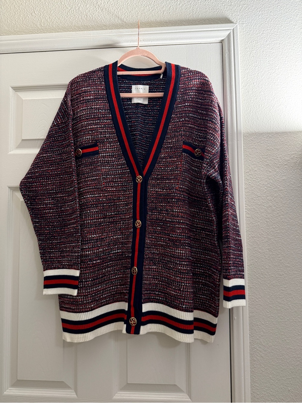 Sandro Burgundy Marled Cardigan with Navy, Red & Cream Stripe Trim